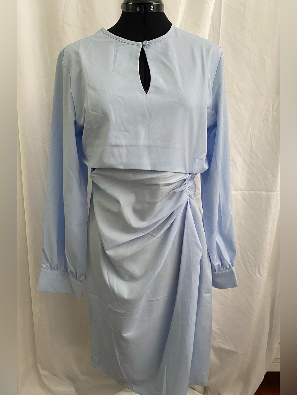 Light Blue Long-Sleeve Draped Waist Dress